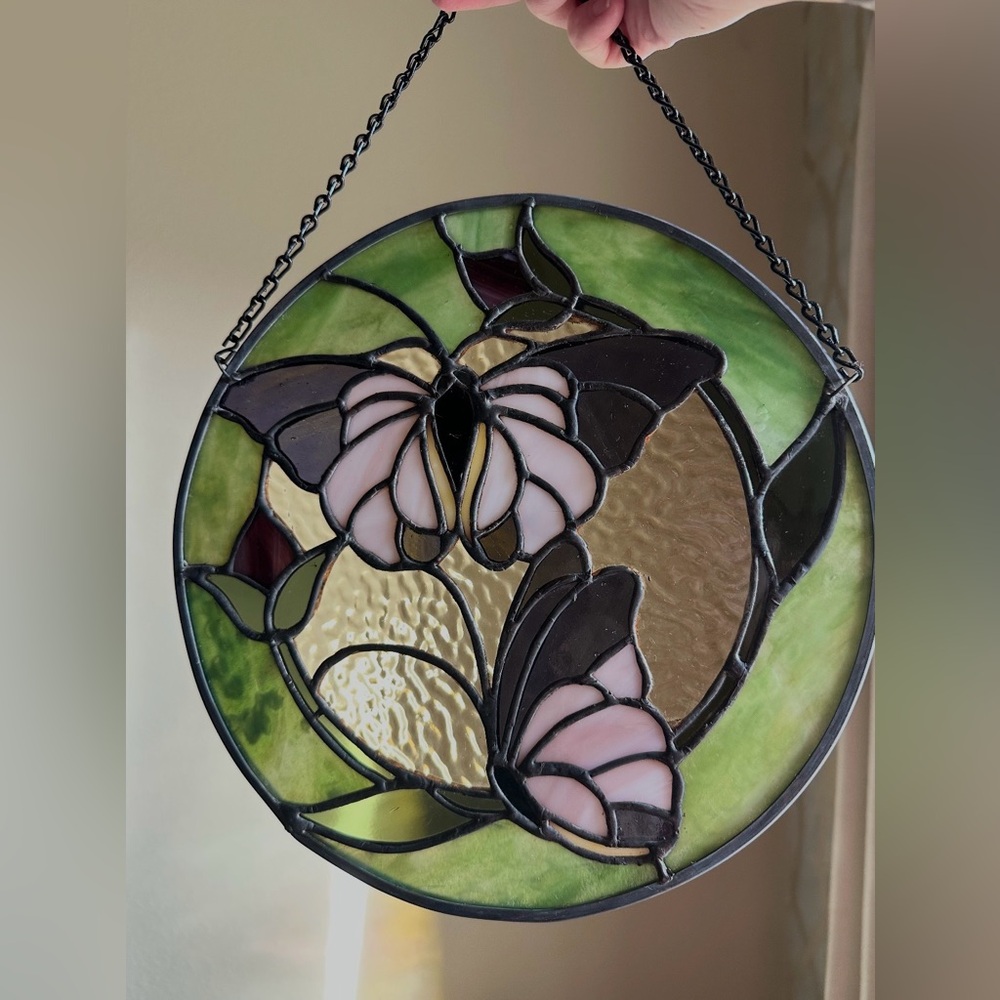 Handmade Stained Glass Butterfly.  Hanging Sun catcher. Purple and Green